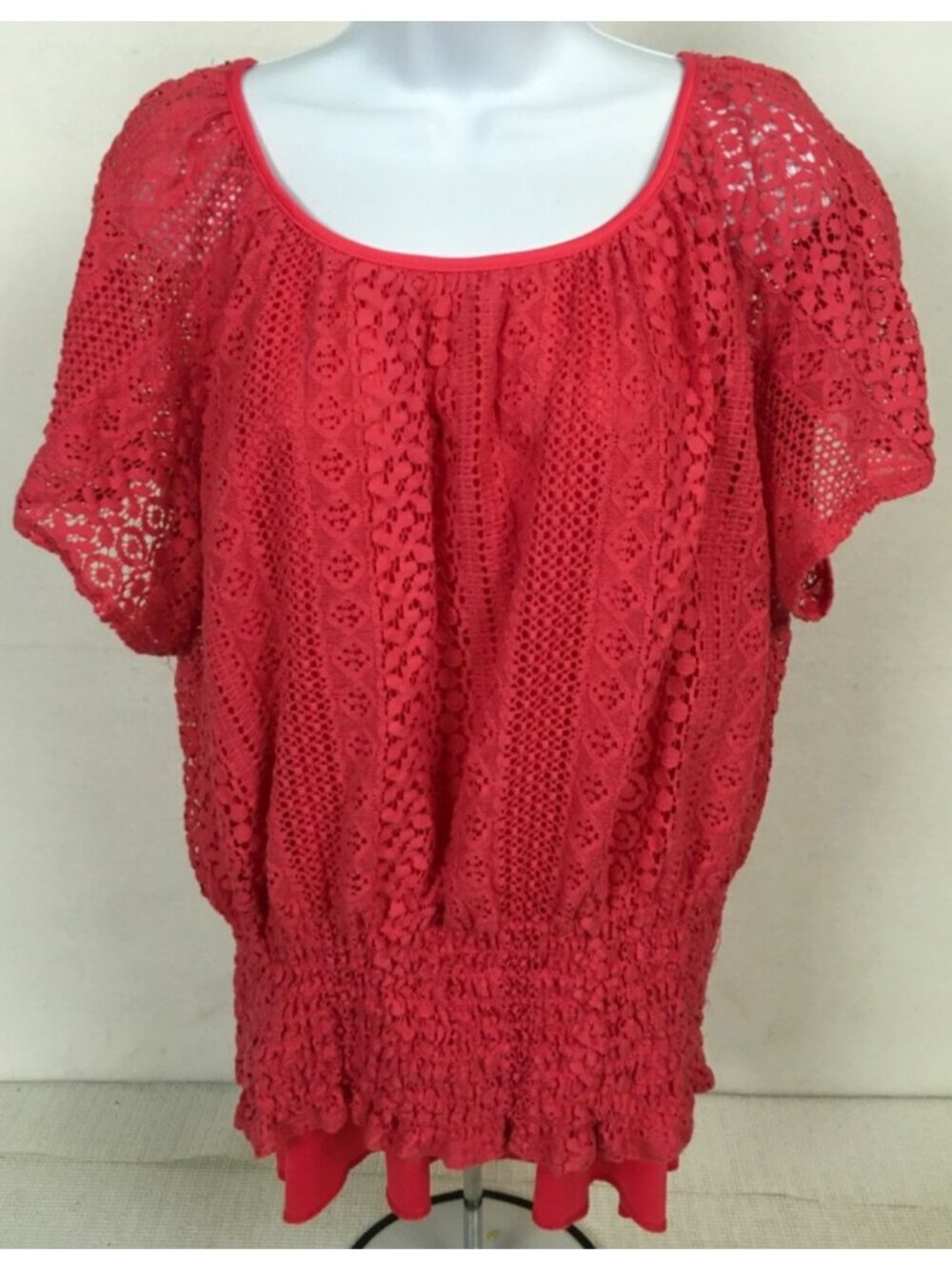 Beverly Drive Top Women Size 3X Pink Lace Lined Short Sleeves Scoop Neckline